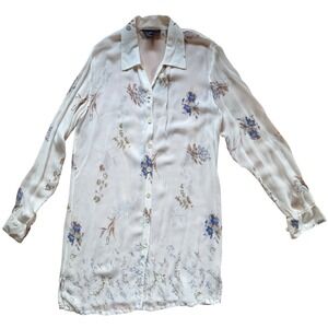 Tristan & Iseut VTG Floral Sheer Button Down Tunic Blouse Cream Blue Tan Size 10